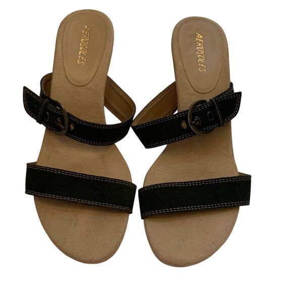 Aerosoles Powpaya Open Toe Heels Size 8.5 Black Leather Strappy Buckle Sandals - Picture 4 of 16